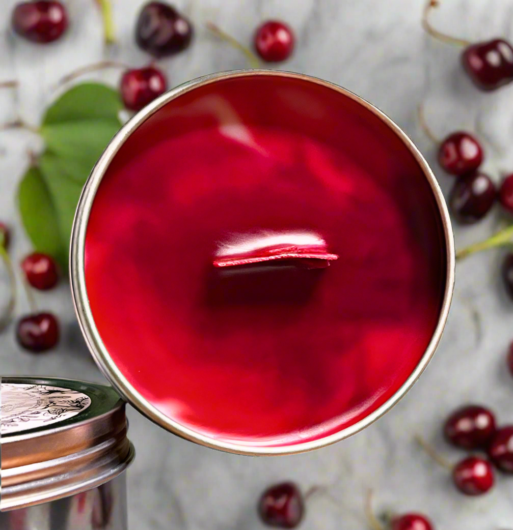 Black Cherry Marble Candle Premium Wax Wooden Wick 1.7 oz Silver Tin