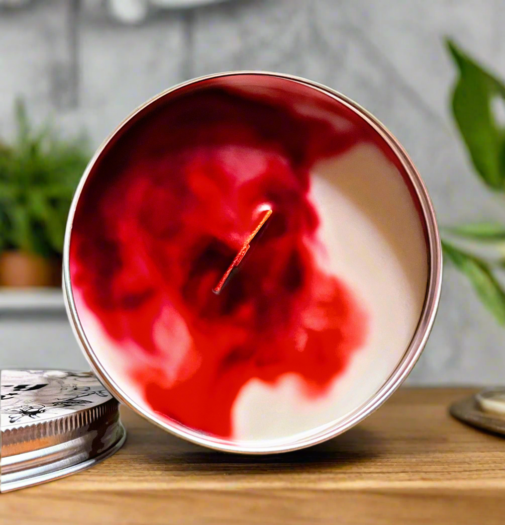 Black Cherry Marble Candle Premium Wax Wooden Wick 3.5 oz Silver Tin