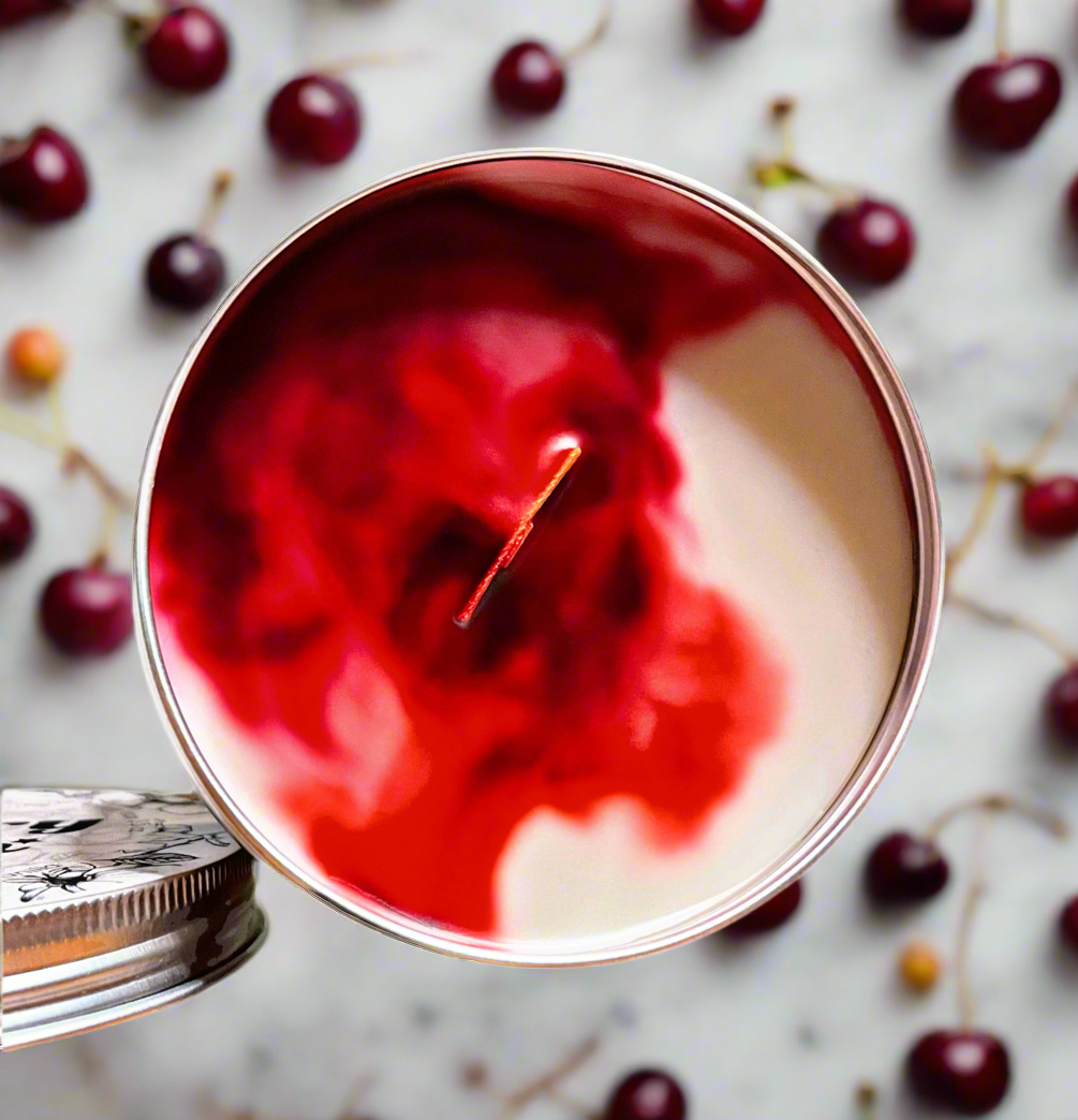 Black Cherry Marble Candle Premium Wax Wooden Wick 3.5 oz Silver Tin